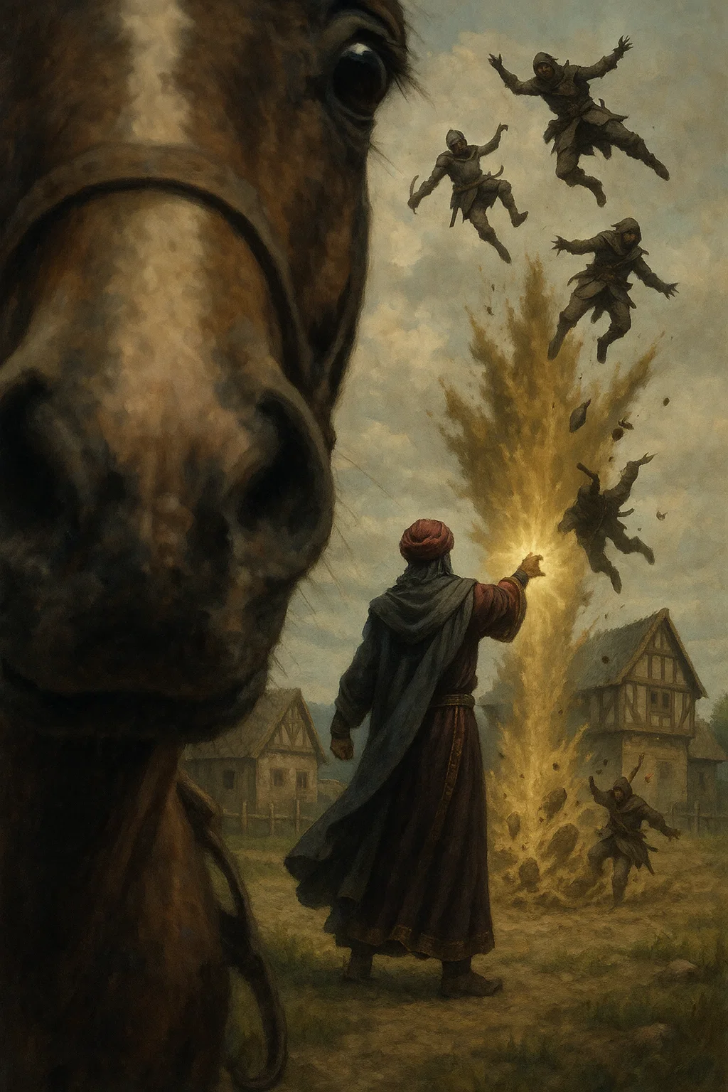 AI interpretation. Foreground: Muleson, mule of Conversos Crypt. Background: Bodash bar Eshmunazaar casting Earth's Excrescence on robbers in the streets of Hommus.