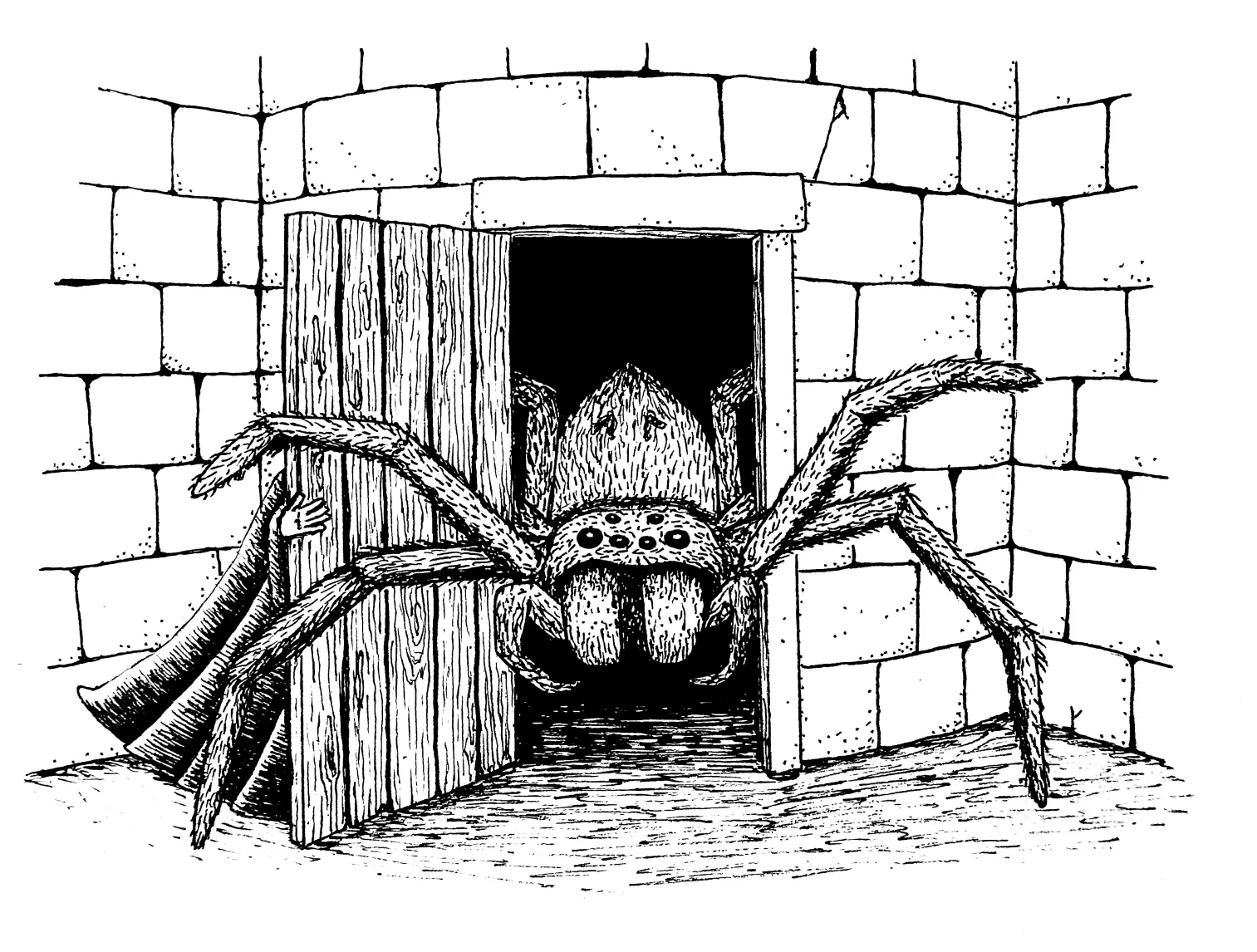 Drawing of spider emerging from fortress tower. Tiche holds the door open